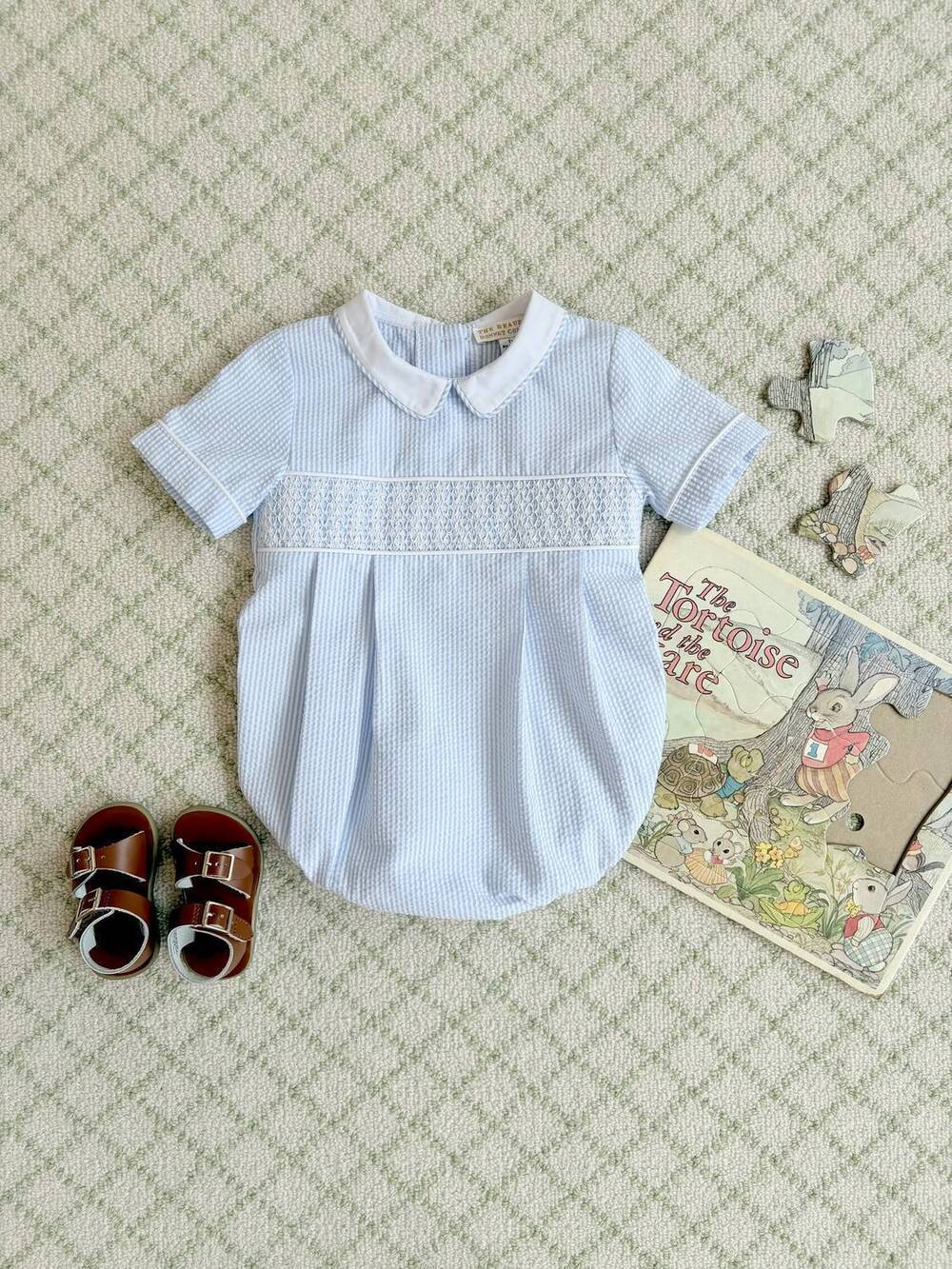 NEW BEAUFORT BONNET kids' seersucker bradford bubble romper in breakers blue